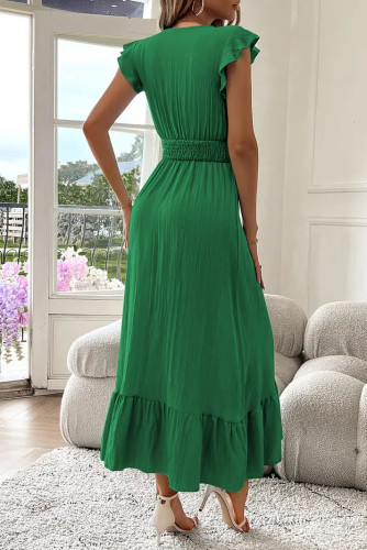 Solid Color Ruffled Short Sleeved Waist Cinching Dress