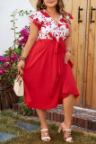 Large Size Printed Short Sleeved Tied Dress