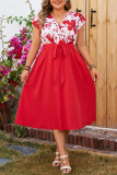 Large Size Printed Short Sleeved Tied Dress