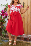 Large Size Printed Short Sleeved Tied Dress