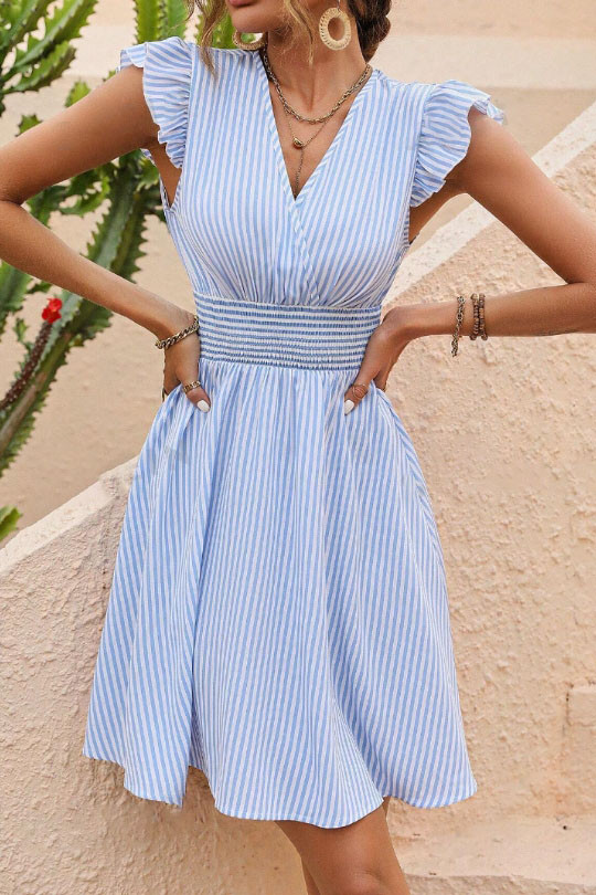 V-Neck Striped Printed Ruffled Short Sleeved Dress