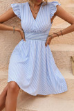 V-Neck Striped Printed Ruffled Short Sleeved Dress