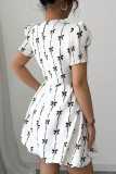 Bow Print Pleated Short Sleeved Floral Bud Dress