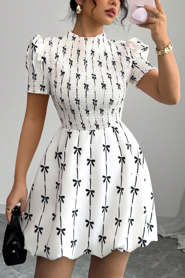 Bow Print Pleated Short Sleeved Floral Bud Dress