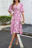 Summer V-Neck Waist Cinched Printed Dress
