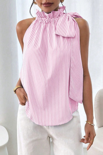 High Neck Knot Sleeveless Striped T-Shirt