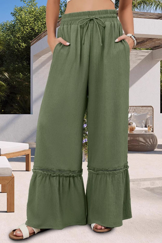 Solid Color High Waisted Drawstring Wide Leg Pants
