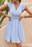 V-Neck Striped Printed Ruffled Short Sleeved Dress