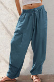 Solid Color Drawstring Loose Pocket Straight Leg Pants