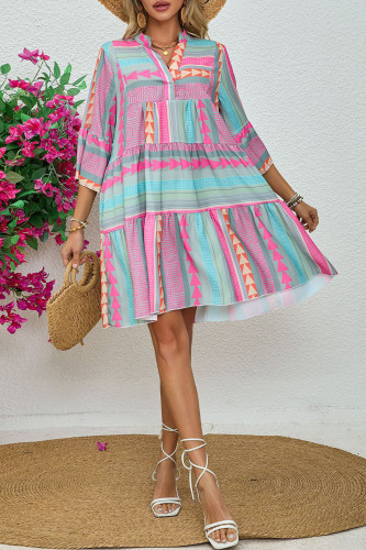 Printed V-Neck Seven Quarter Sleeve Dress