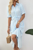 Bubble Short Sleeve Lapel Striped Shirt Dress