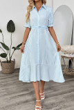 Bubble Short Sleeve Lapel Striped Shirt Dress