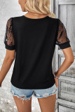 Lace Short Sleeved Solid Color V-Neck T-Shirt