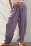 Solid Color Drawstring Loose Pocket Straight Leg Pants
