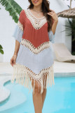 Hollow Short Sleeved Fringe Beach Backless Dress