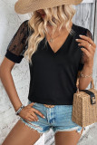 Lace Short Sleeved Solid Color V-Neck T-Shirt