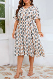 Large Size V-Neck Printed Trumpet Short Sleeved Dress