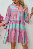 Printed V-Neck Seven Quarter Sleeve Dress