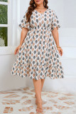 Large Size V-Neck Printed Trumpet Short Sleeved Dress