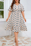 Large Size V-Neck Printed Trumpet Short Sleeved Dress