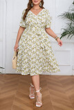 Large Size V-Neck Lace Floral Print Short Sleeve Dress