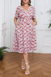 Large Size V-Neck Lace Floral Print Short Sleeve Dress