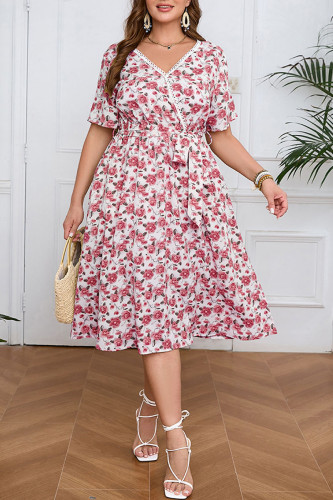 Large Size V-Neck Lace Floral Print Short Sleeve Dress