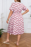 Large Size V-Neck Lace Floral Print Short Sleeve Dress