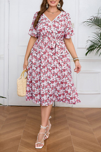 Large Size V-Neck Lace Floral Print Short Sleeve Dress