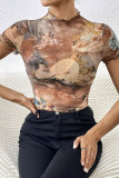 Mesh Printed Ruffle Hem Short Sleeved T-Shirt