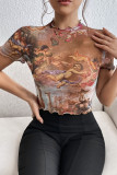 Mesh Printed Ruffle Hem Short Sleeved T-Shirt