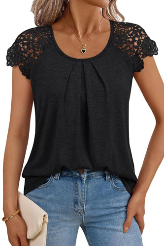 Lace Short Sleeved Round Neck Loose T-Shirt