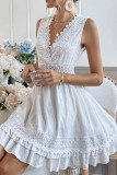 V-Neck Waist Cinched Lace Sleeveless Dress