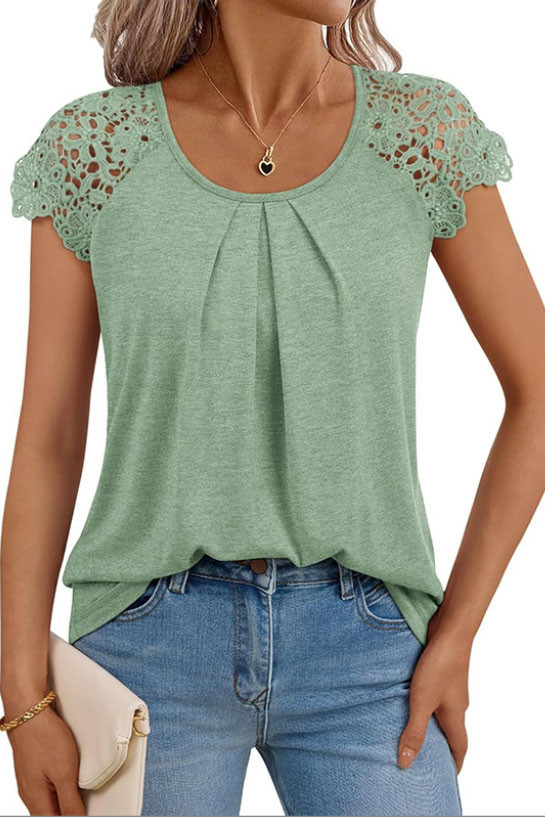 Lace Short Sleeved Round Neck Loose T-Shirt