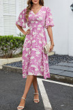 V-Neck Waist Cinched Short Sleeve Dress