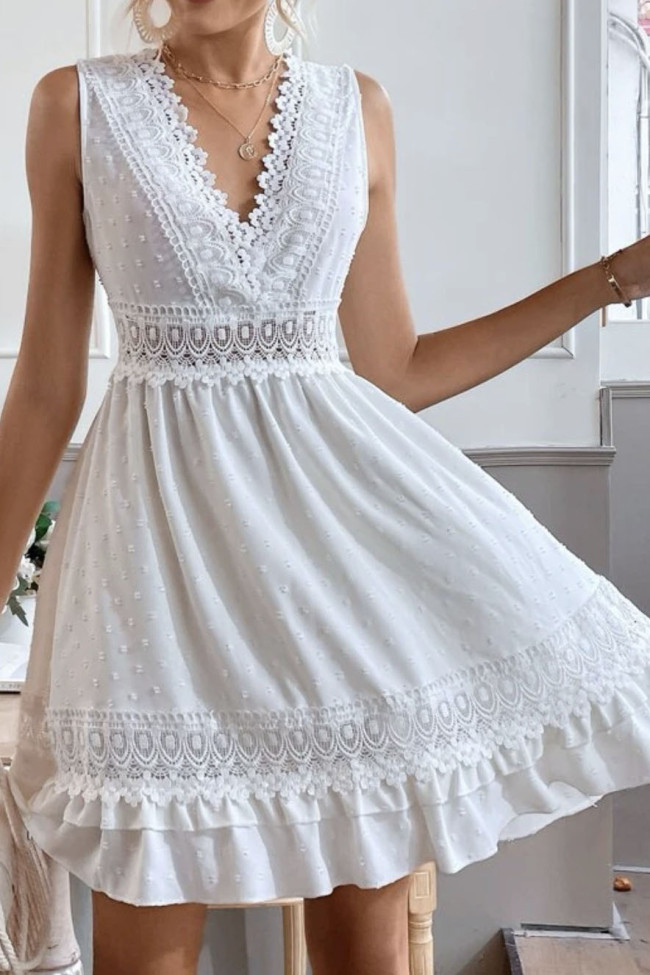 V-Neck Waist Cinched Lace Sleeveless Dress