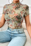 Mesh Printed Ruffle Hem Short Sleeved T-Shirt