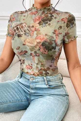Mesh Printed Ruffle Hem Short Sleeved T-Shirt