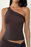 Solid Color Slanted Shoulder Lace Vest
