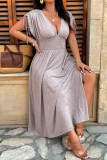 Large Size Solid Color V-Neck Waist Cinched Dress
