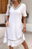 Solid Color Lace V-Neck Short Sleeved Dress