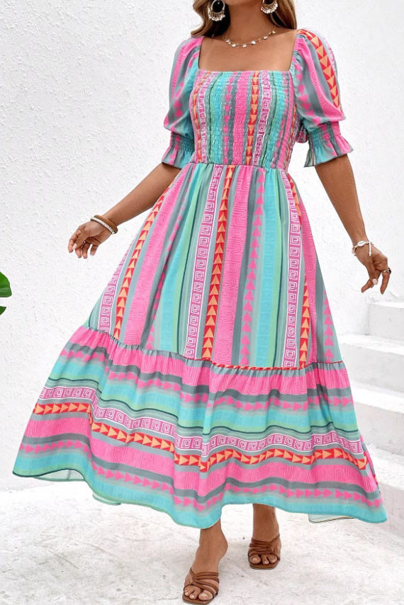 Large Size Square Neck Lantern Short Sleeved Dress