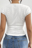 Lace V-Neck Short Sleeved Solid Color T-Shirt