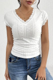 Lace V-Neck Short Sleeved Solid Color T-Shirt