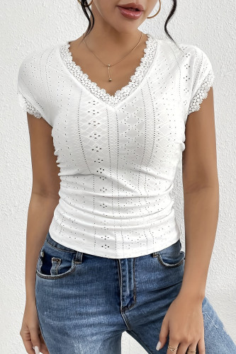 Lace V-Neck Short Sleeved Solid Color T-Shirt