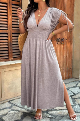 Large Size Solid Color V-Neck Waist Cinched Dress
