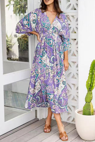 Bat Sleeve V-Neck Waist Cinched Dress
