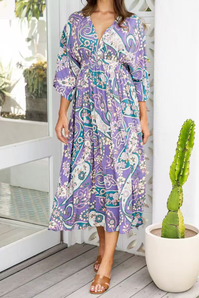 Bat Sleeve V-Neck Waist Cinched Dress