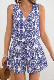 Printed V-Neck Vest Shorts Two-Piece Set