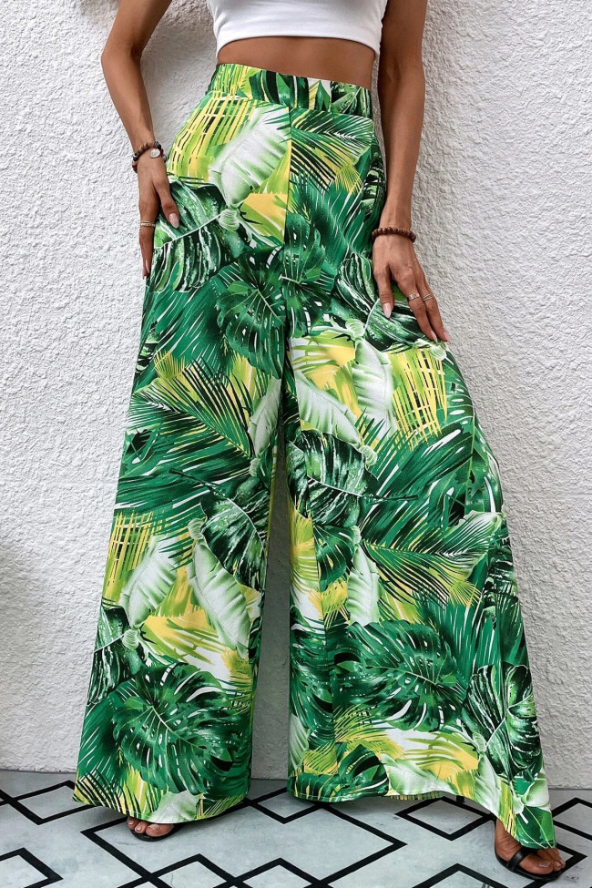 High Waisted Pleated Floral Chiffon Wide Leg Pants